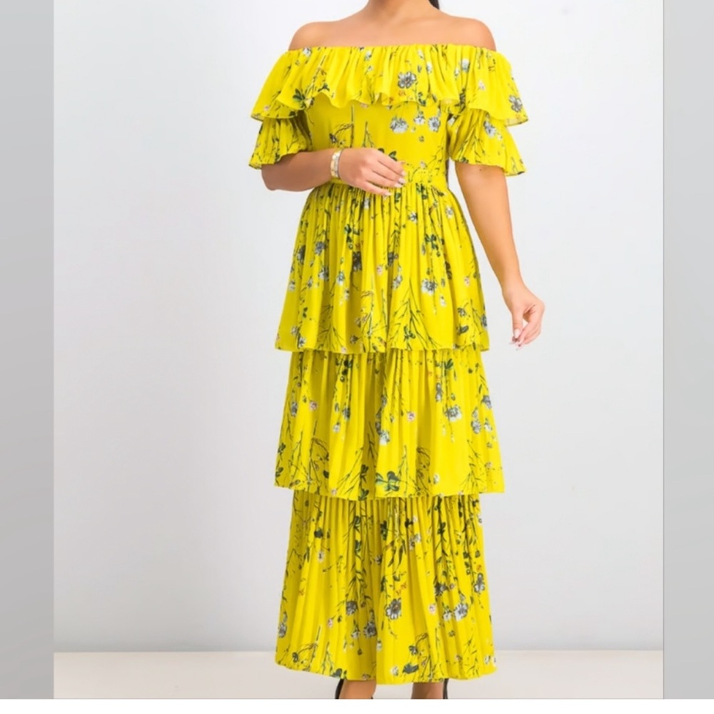 Aqua Yellow Floral Tiered Maxi Dress